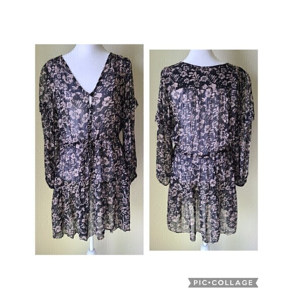 Velvet by Graham & Spencer Boho Dress Small Sheer Peasant Floral‎ Black Ruffle - Picture 1 of 12